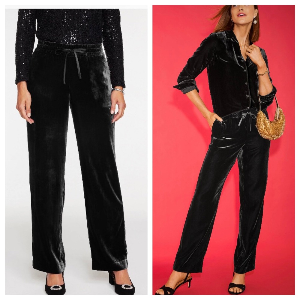 NWT Talbots Straight Leg Black Velvet Pull On Pants Sz PXL Drawstring Going Out